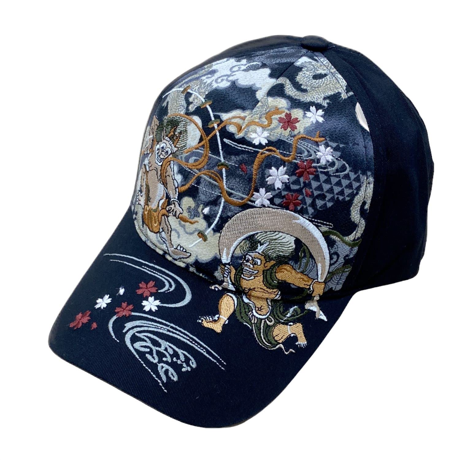 

[Onishi Ken] Cotton Cap, Embroidered Cotton Cap H27-SC11, Wind God and Thunder God/Black, Size: One Size Fits All