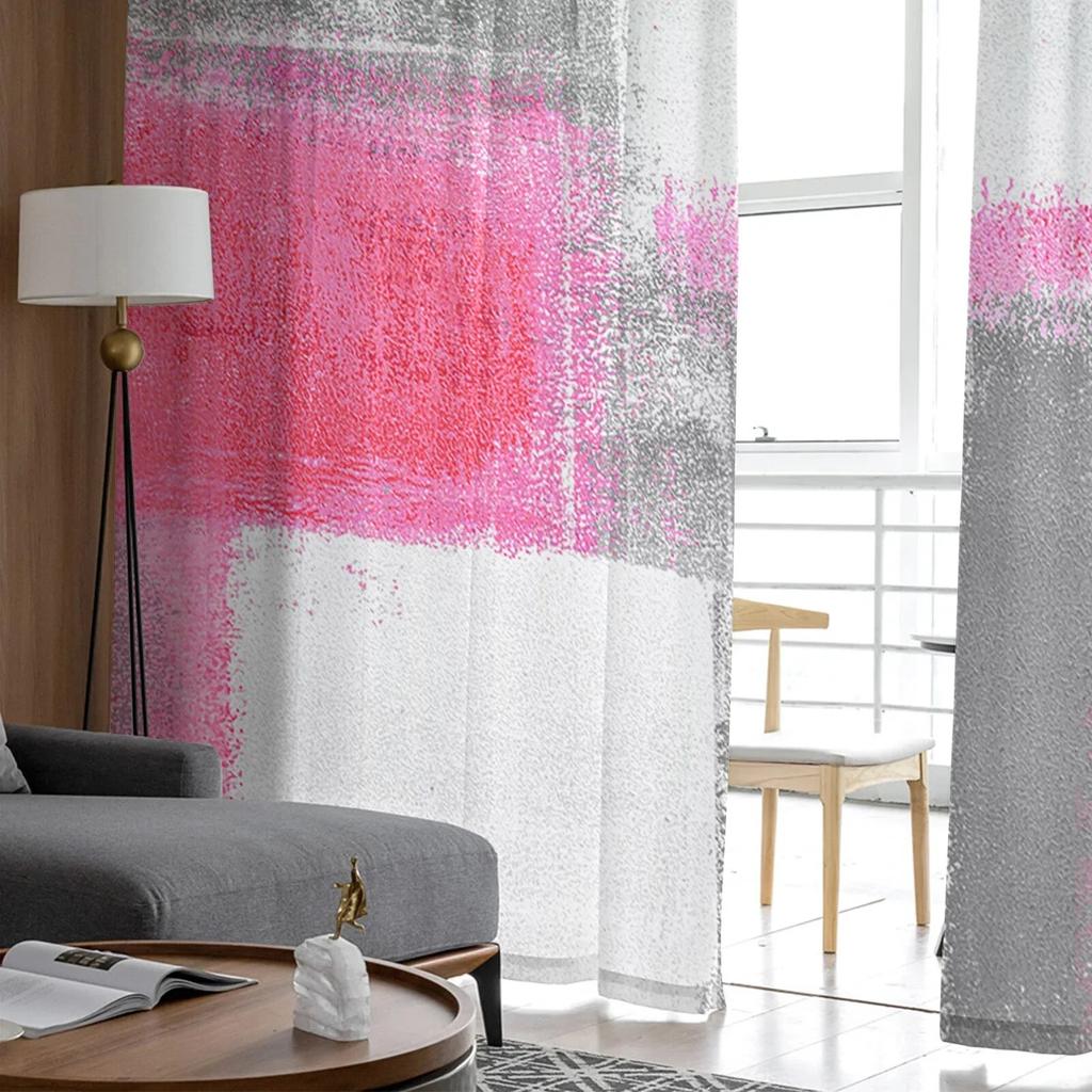 Oil Painting Abstract Texture Pink Bedroom Transparent Sheer Curtains Holiday Decoration Window Voile Tulle Curtain