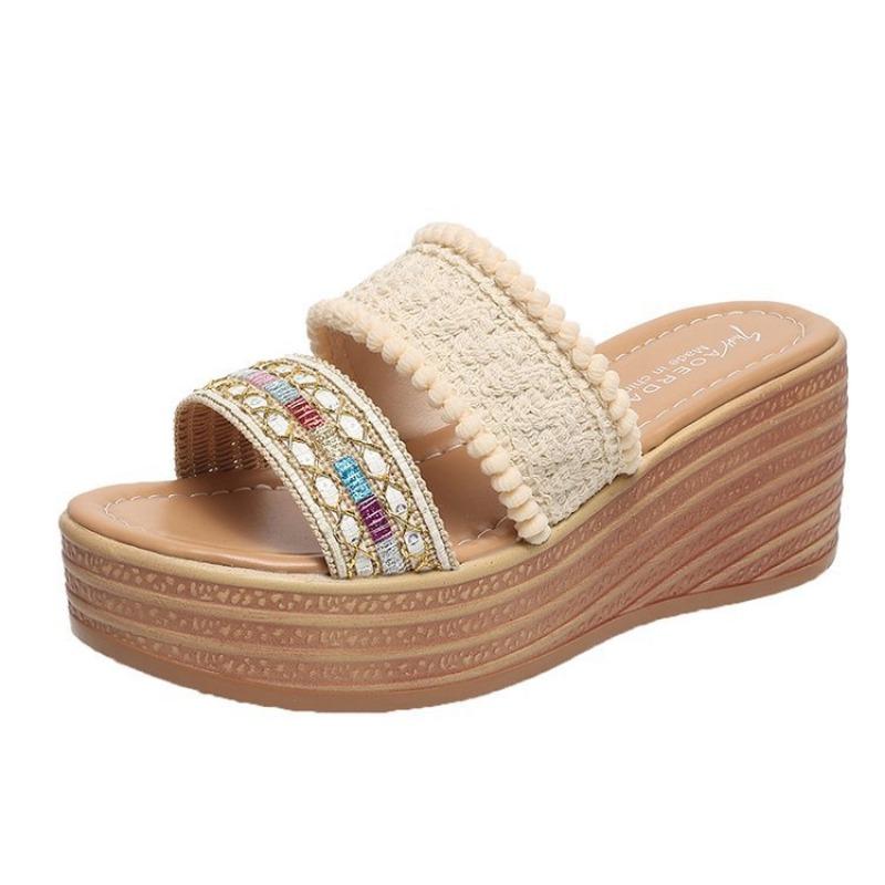 

Клиновидные шлепанцы женские весенние новые однолинейные пляжные туфли женские плетеные сандалии 40