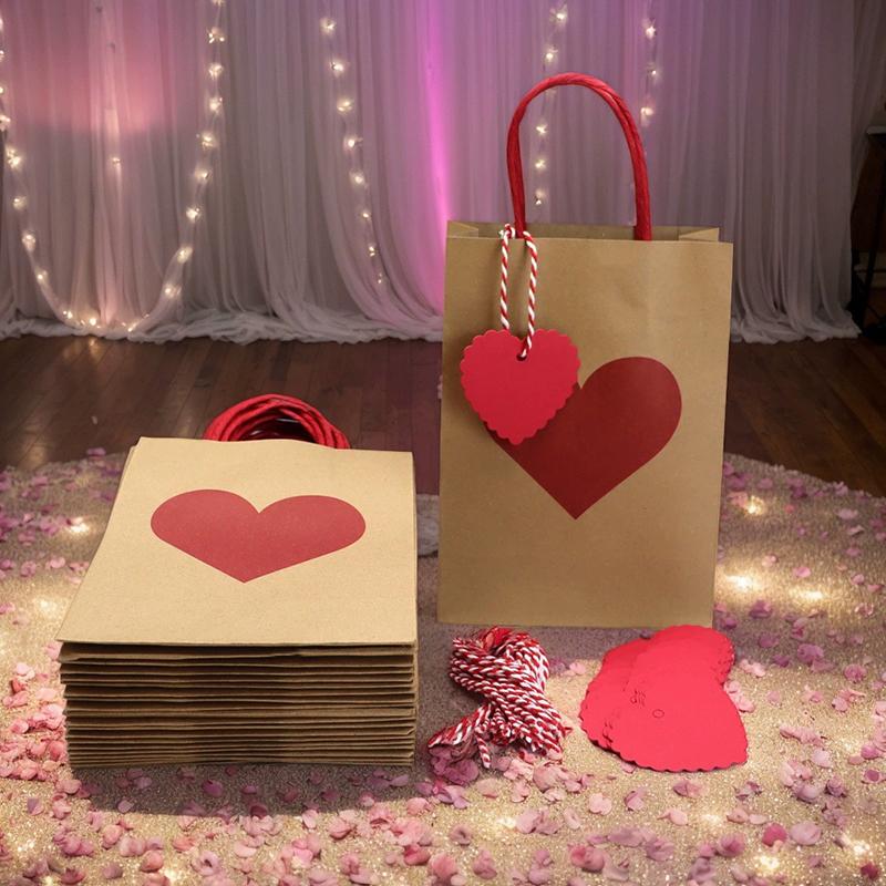 10Pcs/Set Shopping Tote Bag DIY Red Heart Anniversary Party Decor Gift Packing Bags Wedding with Tag Kraft Paper Valentine's Day