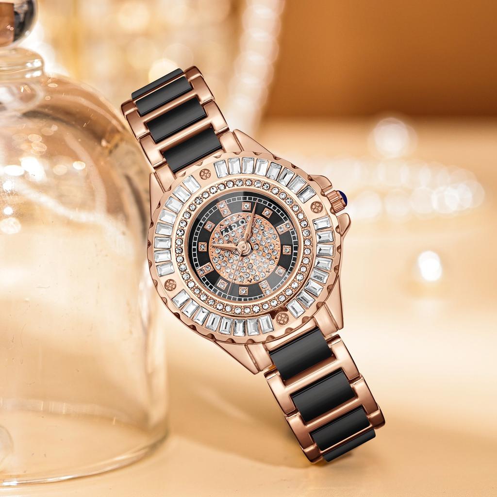 Imitation Ceramic Quartz Watch for Women Minimalist Rhinestone Dial Wristwatch