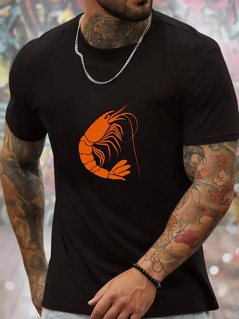 Unisex Summer White Short Sleeve Tee Minimalist Orange Shrimp Graphic Print Crew Neck Loose Casual Streetwear Male Fashion Tops
