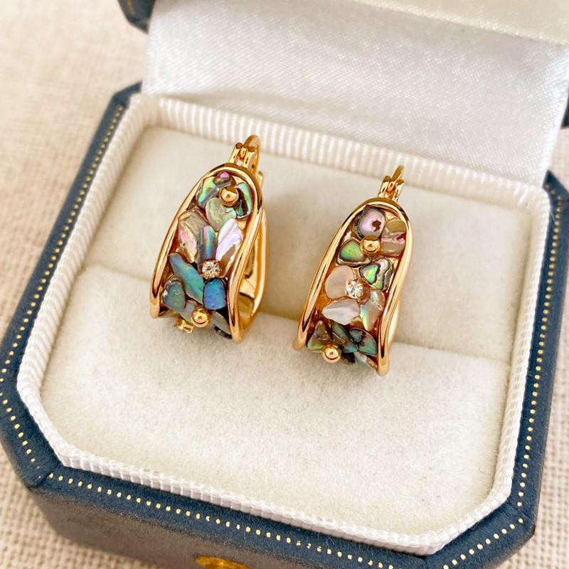 Vintage Gold Plated Zircon Mother Of Pearl U-Shaped Wide Hoop Earrings Women Retro Geometric Statement Jewelry Earring - Gold Color Real Gold Plated