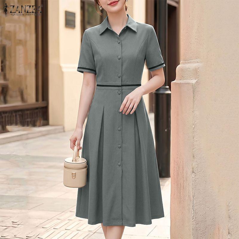 ZANZEA Women Casual Turn Down Collar Solid Color Short Sleeve Elegant Dress