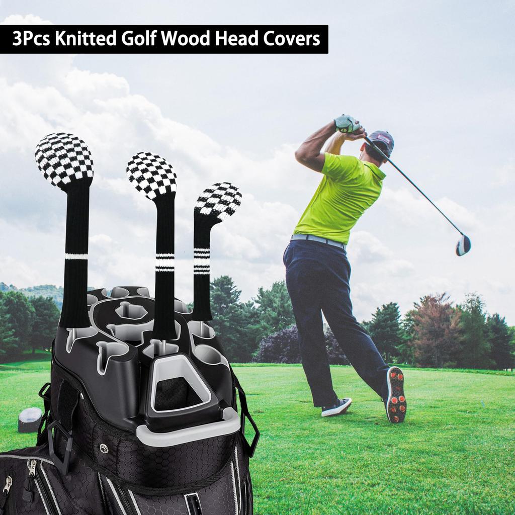 LeFeng Golf Club 3 Pieces Knitted Golf Club Covers 460cc for Driver Fairway Woods No Pom Poms for Hybrids White Covers, (Black Checkered)