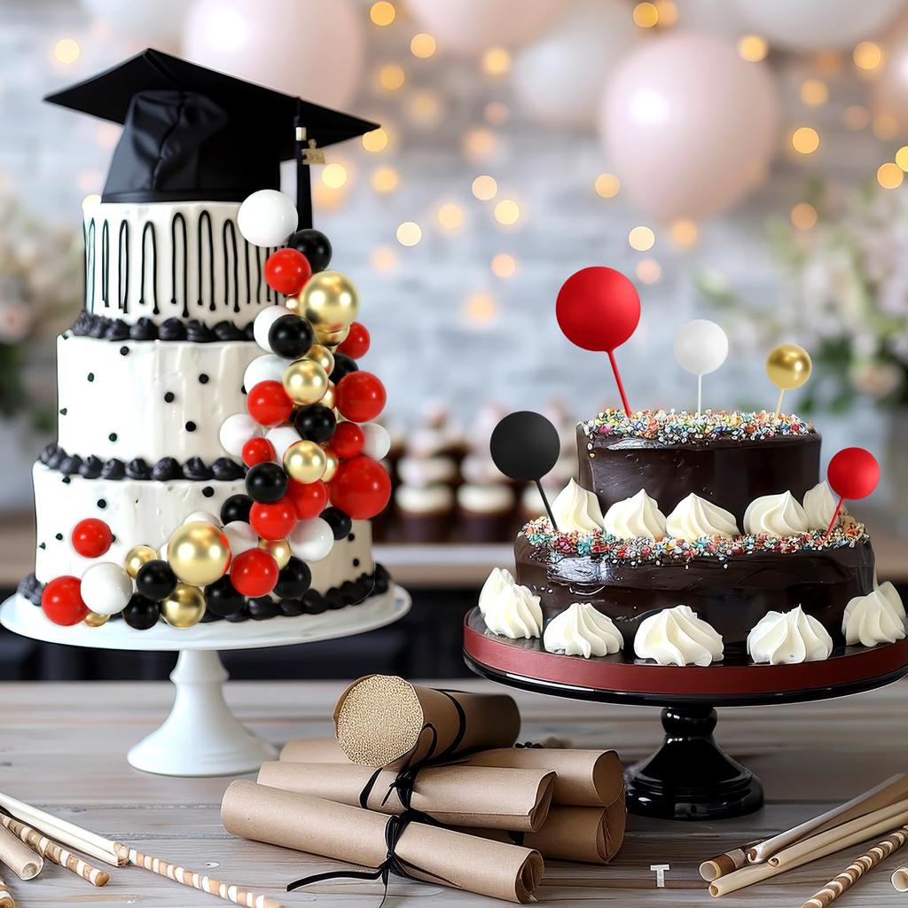 48pcs Red Black Cake Decorations Balls Cake Topper for Birthday Party Wedding Cake Decorating (Black, Red, White, Gold)