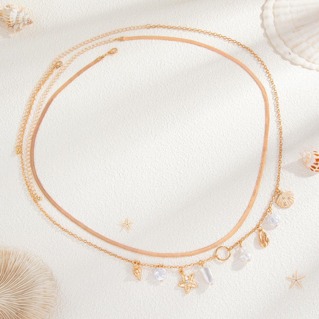 Holiday Style Imitation Pearl Starfish Scallop Shell Conch Waist Chain, Sexy Snake Bone Chain Body Chain