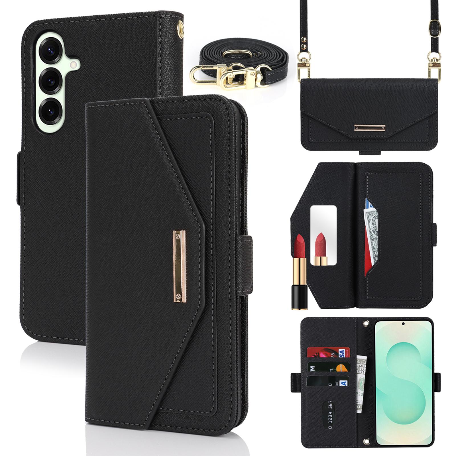 

For Samsung Galaxy S25+ Stand Case Cross Texture PU Leather Wallet Phone Cover with Shoulder Strap/Makeup Mirror Black