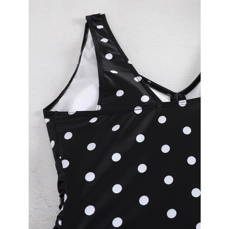 Black Polka Dot Swimdress One Piece Swimsuit Tummy Control Skirted Bathing Suit