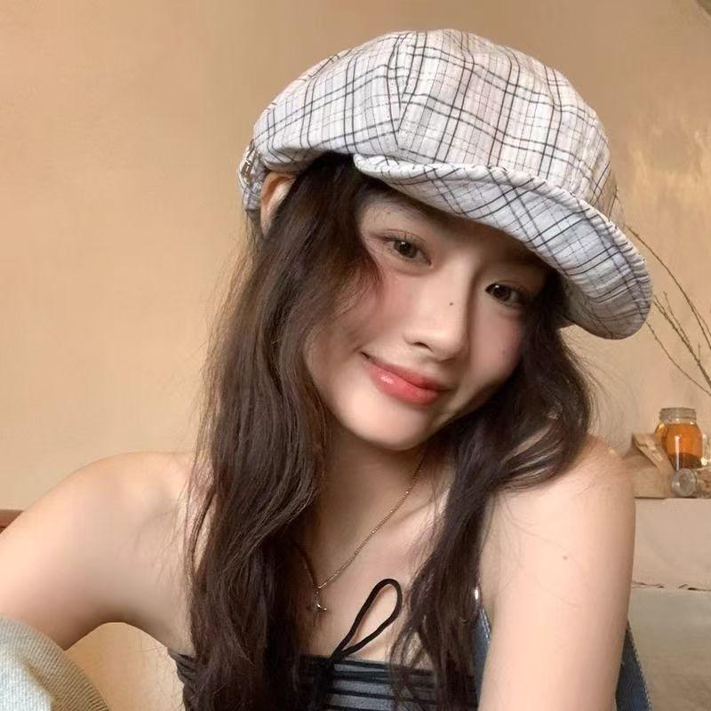 Retro Plaid Beret Hat For Women Spring Summer Sunshade Breathable Korean Style