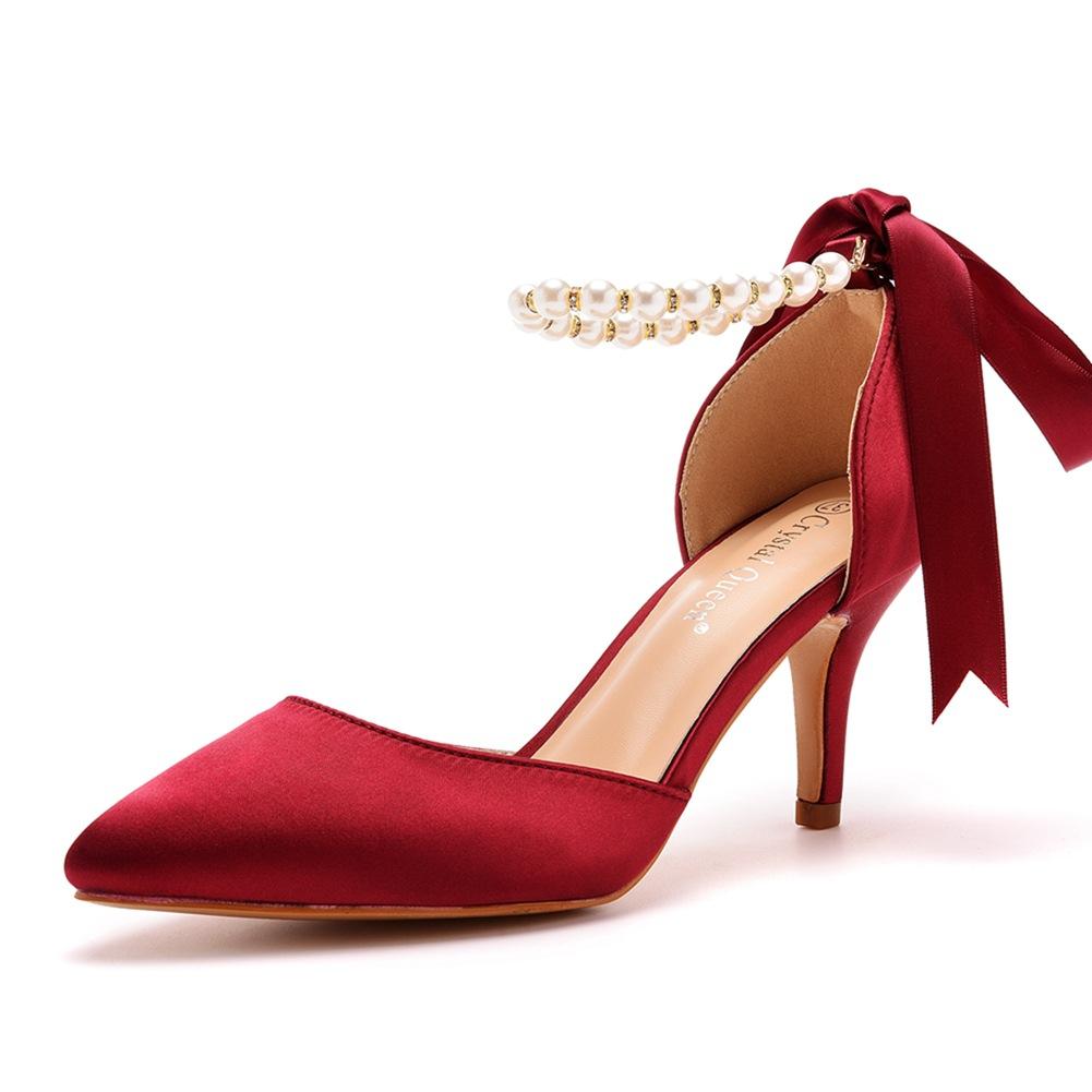 7cm Mid-heel Sandals Thin Heel Rhinestone Beaded Sandals Imitation Silk Wedding Banquet Dress Shoes Pointed Sandals Women