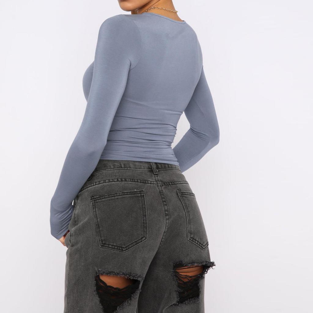 European & American Women's Solid Color Slimming Long Sleeve Round Neck T-Shirt for Spring & Autumn