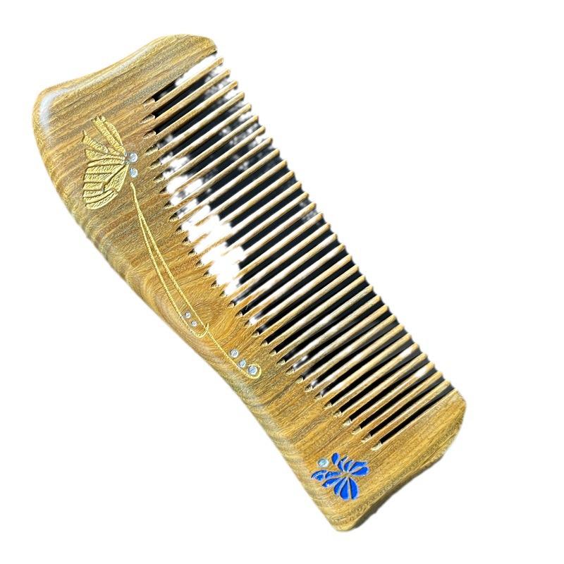 Creative Carved Green & Jade Sandalwood Gold-Painted Travel Comb for Men & Women