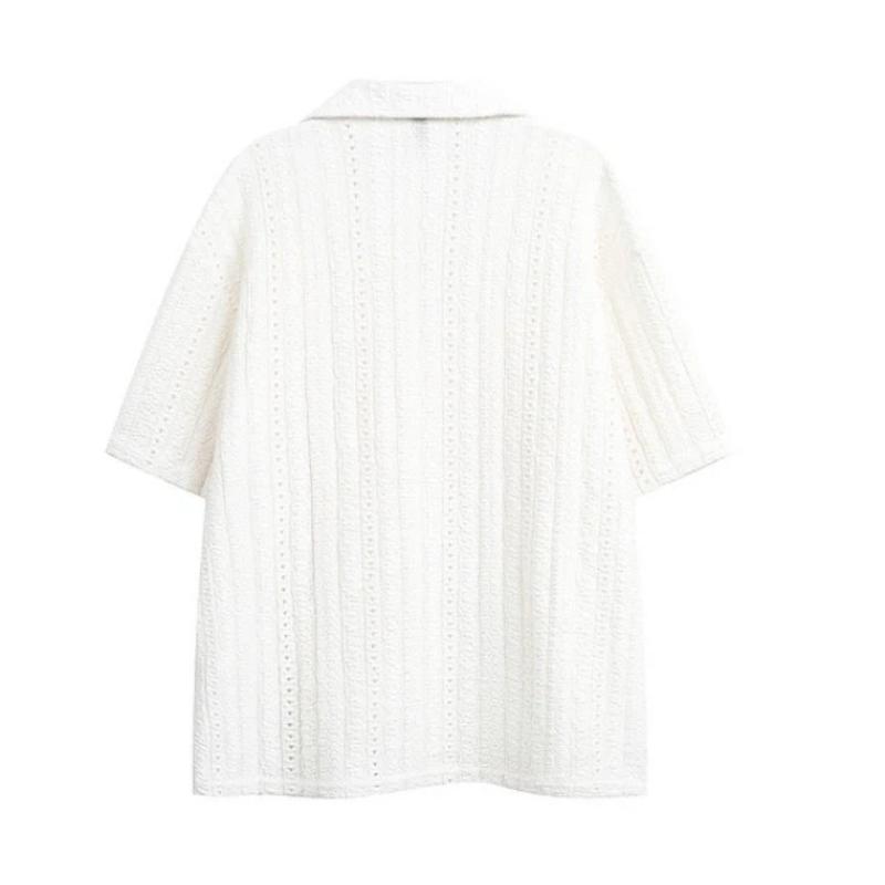 New Summer Breathable Hollow Out Short Sleeve Shirt Men's Loose Casual Retro Top