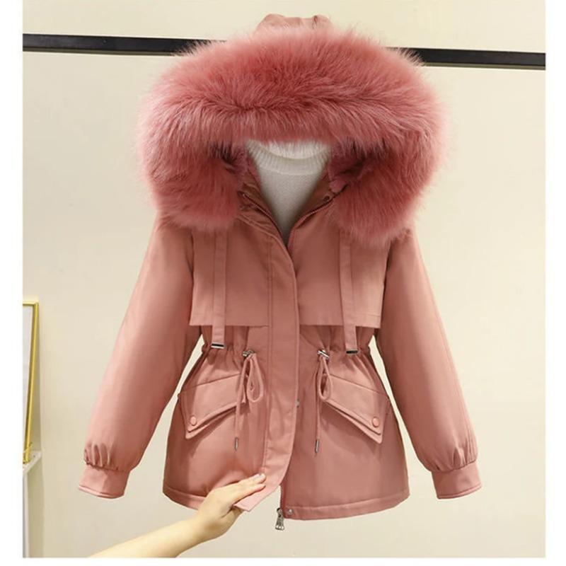 Cotton Padded Plus Size 2XL Winter Big Fur Jacket Women Loose Slim Warm Hooded Parka Coat Down Jacket