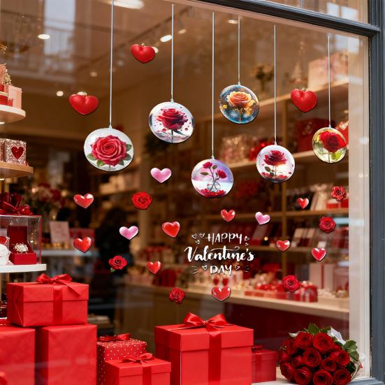 Valentine's Day Window Cling Removable Waterproof PVC Rose Flower Love Heart Static Glass Sticker Holiday Party Decoration Decal