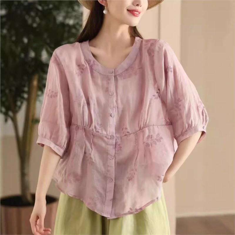 Johnature Women Embroidery Floral Shirts O-Neck Half Sleeve Tops Summer Solid Color Women Button Blouses