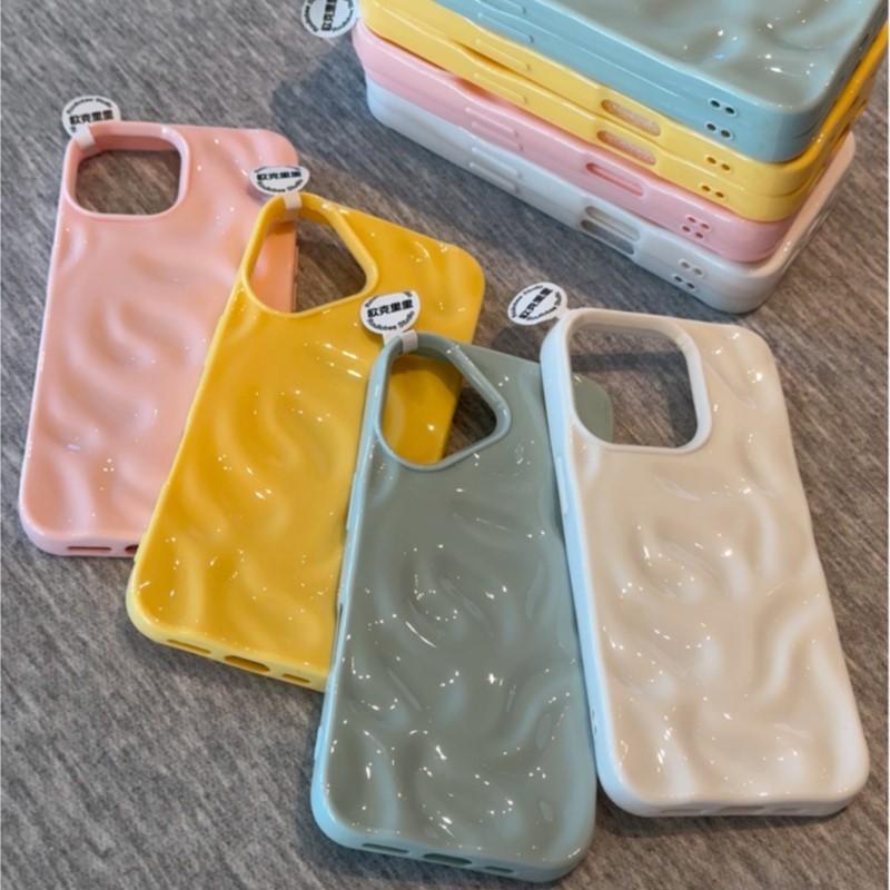 Luxury 3D Wrinkle Case For iPhone 16 15 14 Plus Pro Max 12 11 13 Candy Solid Color Wave Pattern Soft Silicone Aesthetic Cover