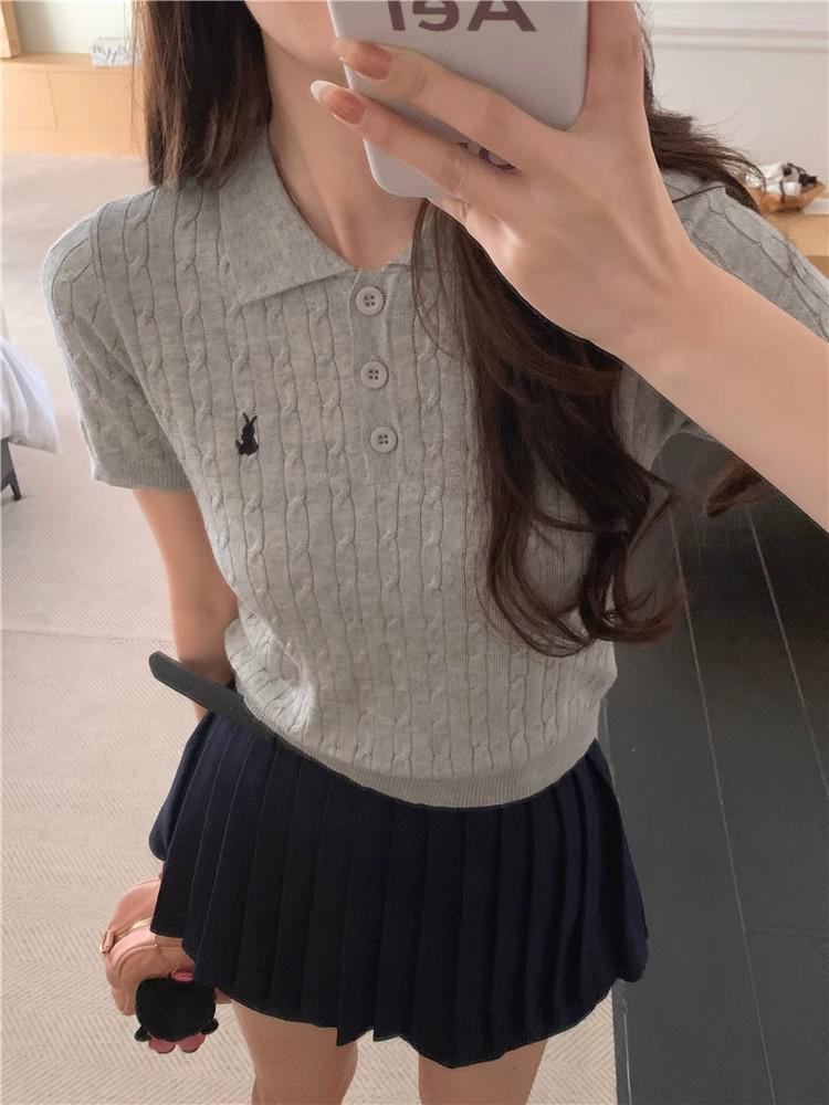 2025 Sommer Koreanischer Stil Polokragen Eisseide Gestrickte Kurzarm Damenbluse