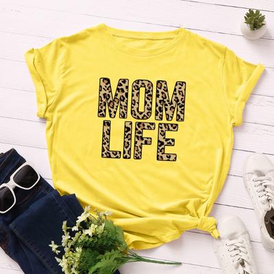 Yaz Kadın Leopar Desenli Yaratıcı Metin MOM LIFE Baskı Bol Yuvarlak Yaka Kısa Kollu Saf Pamuklu Tişörtler Kadın