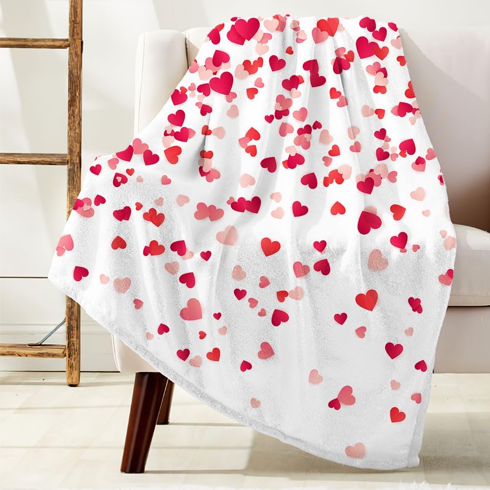 Valentine's Day Throw Blanket, Valentines Blanket Red Pink Heart Plaid Fuzzy Blanket Romantic Love Heart Decorative Soft Cozy Flannel Blanket for Mom