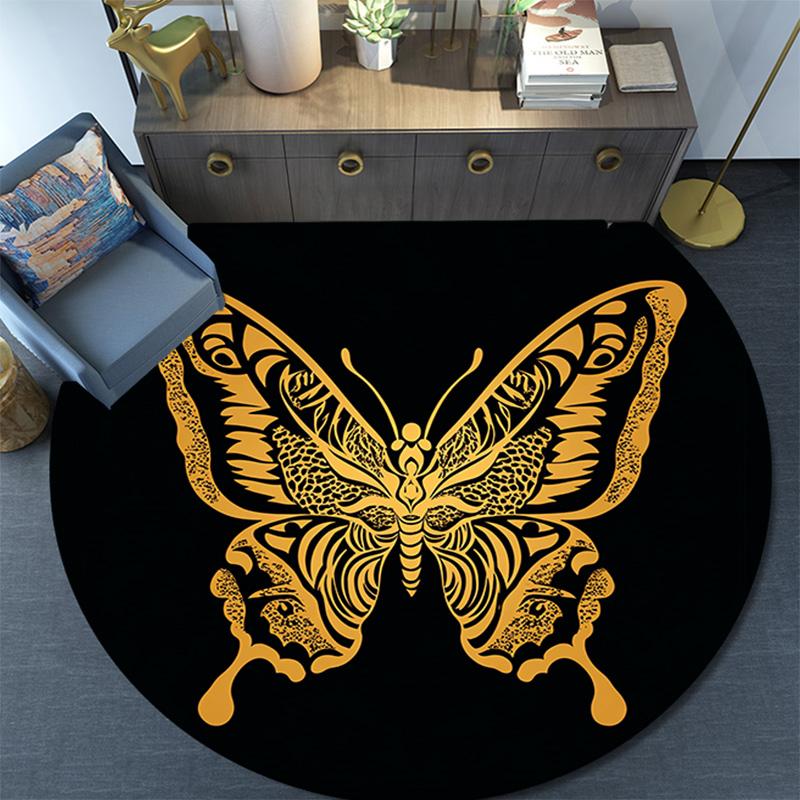 Golden Butterfly Round Area Rug,Carpet Rug for Living Room Bedroom Sofa Playroom Decor,Non-slip Floor Mat