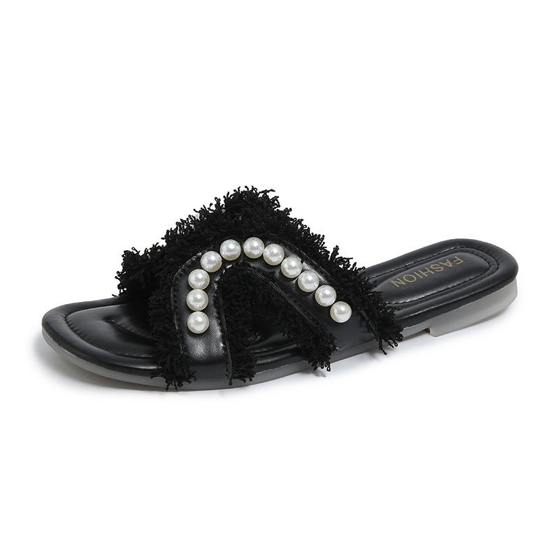 Wear pearl tassel fashion slippers 2025 new fairy Xiaoxiangfeng temperament versatile flat-bottomed cool slippers
