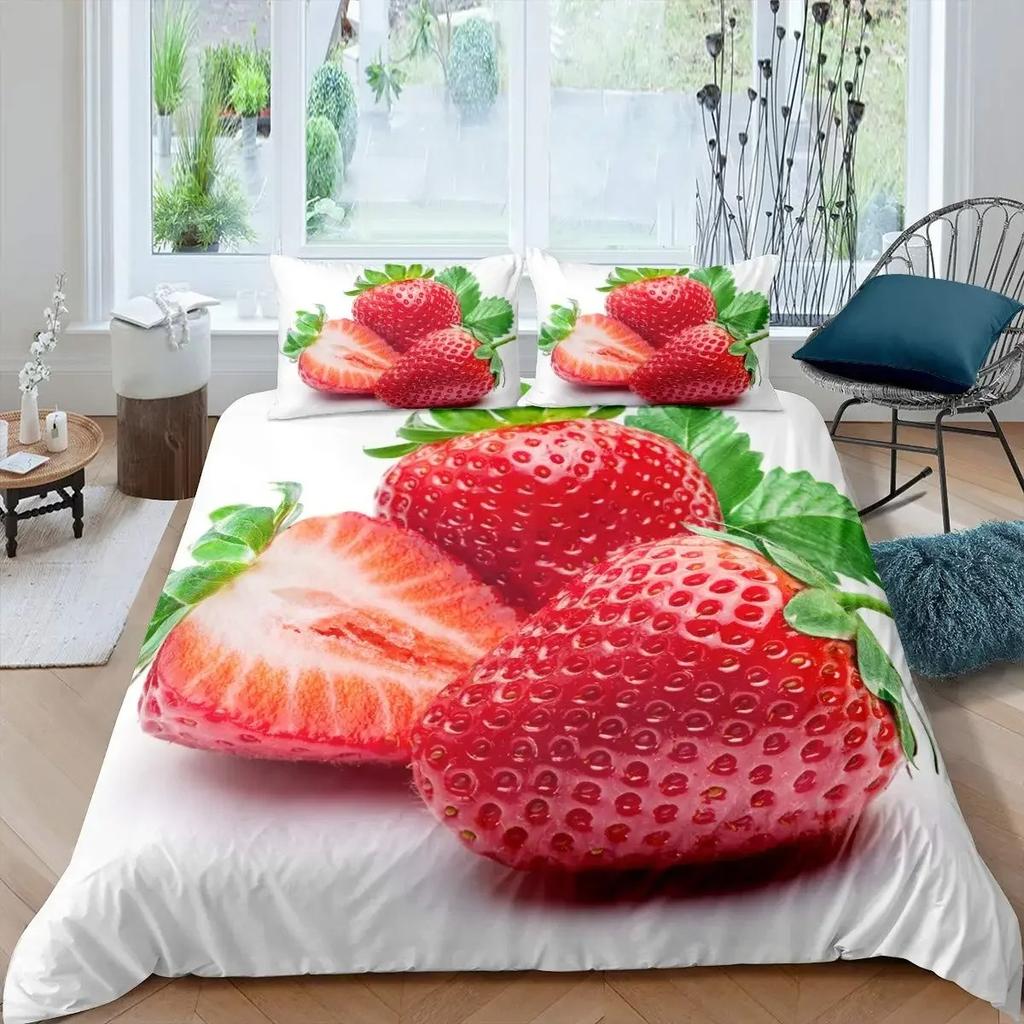 Strawberry Duvet Cover Set Girl King Size Comforter Cover Set Red Strawberry Bedding Set Food Fruit Quilt Cover for Kids Gift