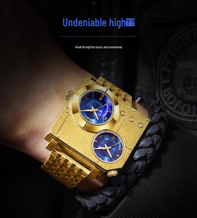 Oulm Men's Dual Time Zone Large Dial Quartz Watch with Steel Band, Gold, Hot Seller