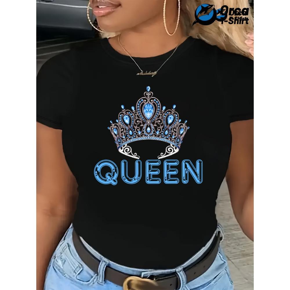 Queen's Crown Graphic Print T-Shirt - Women's Casual Round Neck Short Sleeve Fashion Top