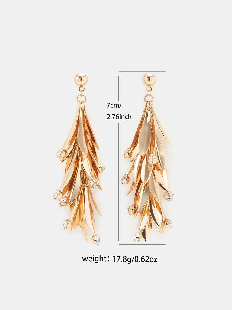 Exquis Longs Boucles d'Oreilles Feuille à Franges avec Diamants Micro-sertis - Design de Niche Élégant pour un Effet Amincissant