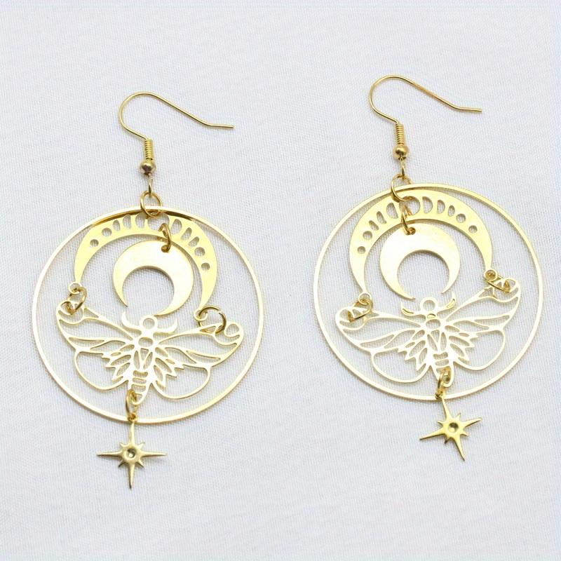 Golden Butterfly Moon Star Design Dangle Earrings Elegant Bohemian Style Alloy Jewelry Personality Female Gift