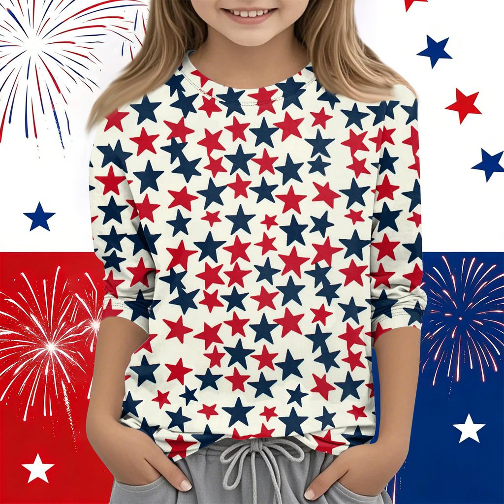 Print Tops For Youth Girls Round Neck 3/4 Sleeves T-Shirts Trendy Tops Outfit Tees Independence Day
