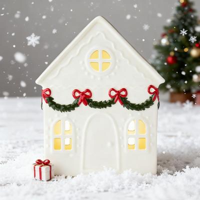 Christmas Village House Figurine LED Lighted White Small House Tabletop Decoration Winter Rustic Farmhouse Holiday Decor for Mantel Tabletop Room