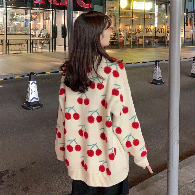 Autumn 2023 Girls' Sweet Red Cherry Sweater - Japanese Style, Loose Fit, Long Sleeve