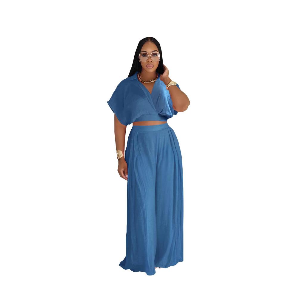 TW716 Trendiges Europäisches & Amerikanisches Plus-Size Lässiges Urlaubs-Revers-Oberteil & High-Waist Weitbeinige Hosen Set