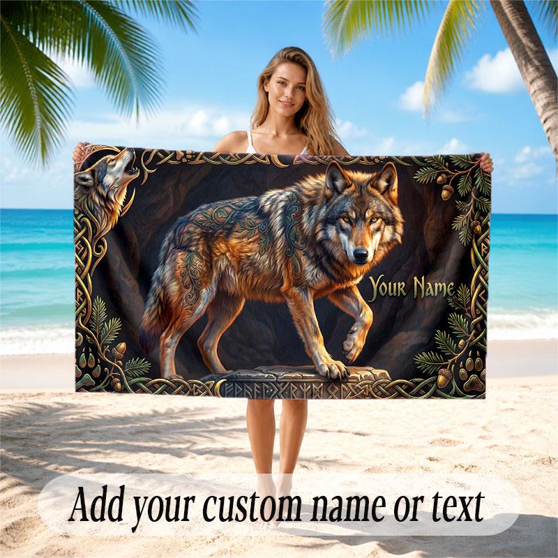 Wolf Theme Beach Towel Personalized Custom Name & Text Soft Quick Dry Beach Towel for Swimming Travel