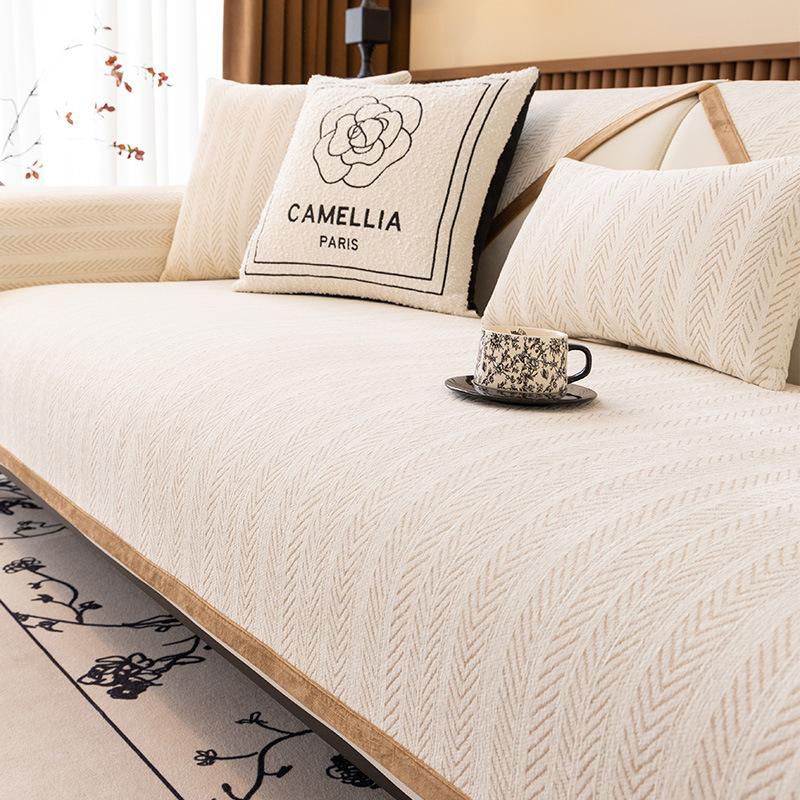 Fish Bone Pattern Chenille Sofa Cushion Universal Non-Slip In All Seasons, Medium And Ancient Style Straight Row Seat Cushion Cover, Sofa Cover