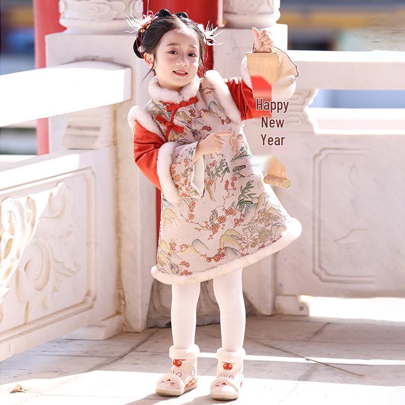 Girls' Winter Hanfu Cheongsam: Fleece-Lined Cotton Dress for Baby's First Birthday