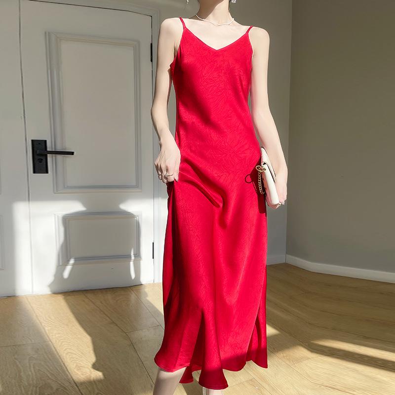 Rochie de vară chic franțuzească din satin cu bretele spaghete pentru femei