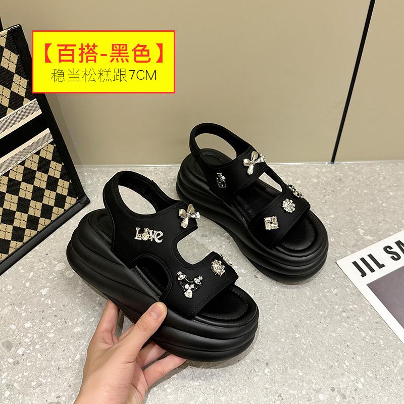 

2025 summer new bow rhinestone buckle thick sole heightening open-toed sandals women s fashion casual beach sandals women 40 чёрный