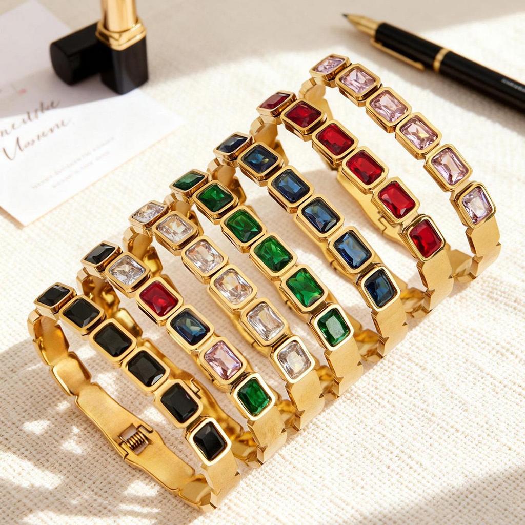 18K Gold Plated Stainless Steel Bracelet with Square Colored Glass Stones In Trendy European and American Niche Design - Fade Resistant.