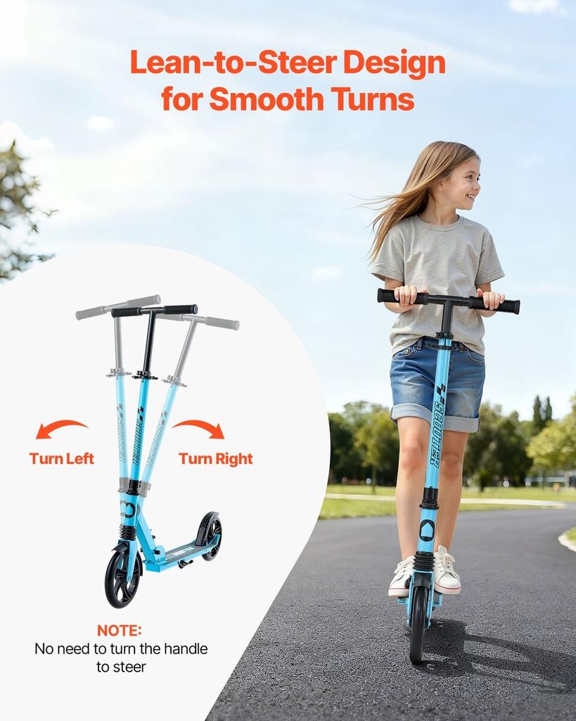 Kick Scooter for Kids Ages 8+, Teens & Adults, 2-Wheel Toddler Scooter with Adjustable Height Handlebar, Wide Anti-Slip Deck, Foldable Lightweight for