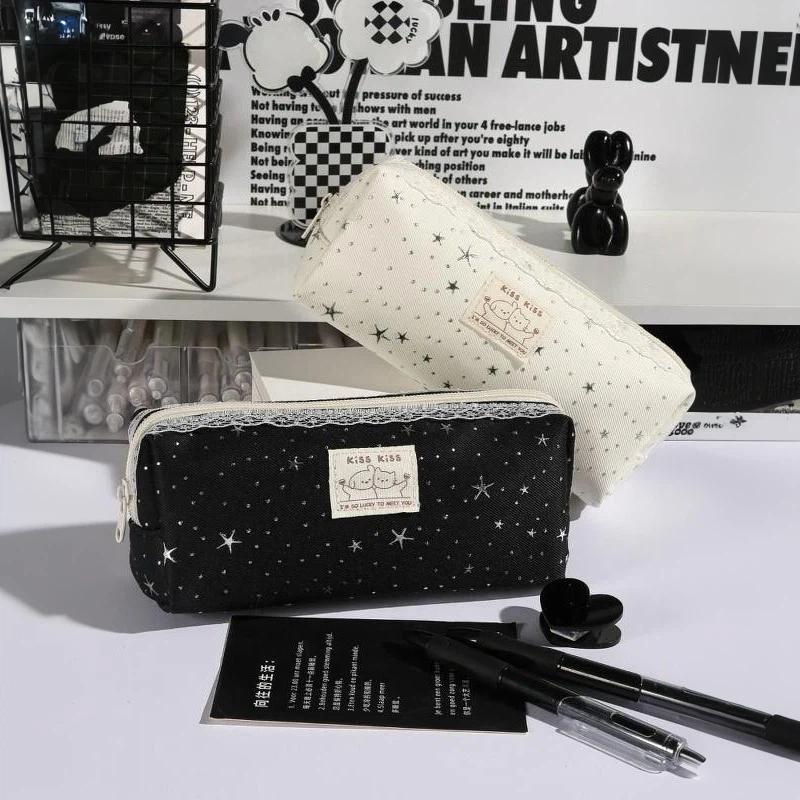 Cute Star Print Canvas Pencil Case Lace Trim Pen Bag Kawaii Cat Label Stationery Pouch For Student
