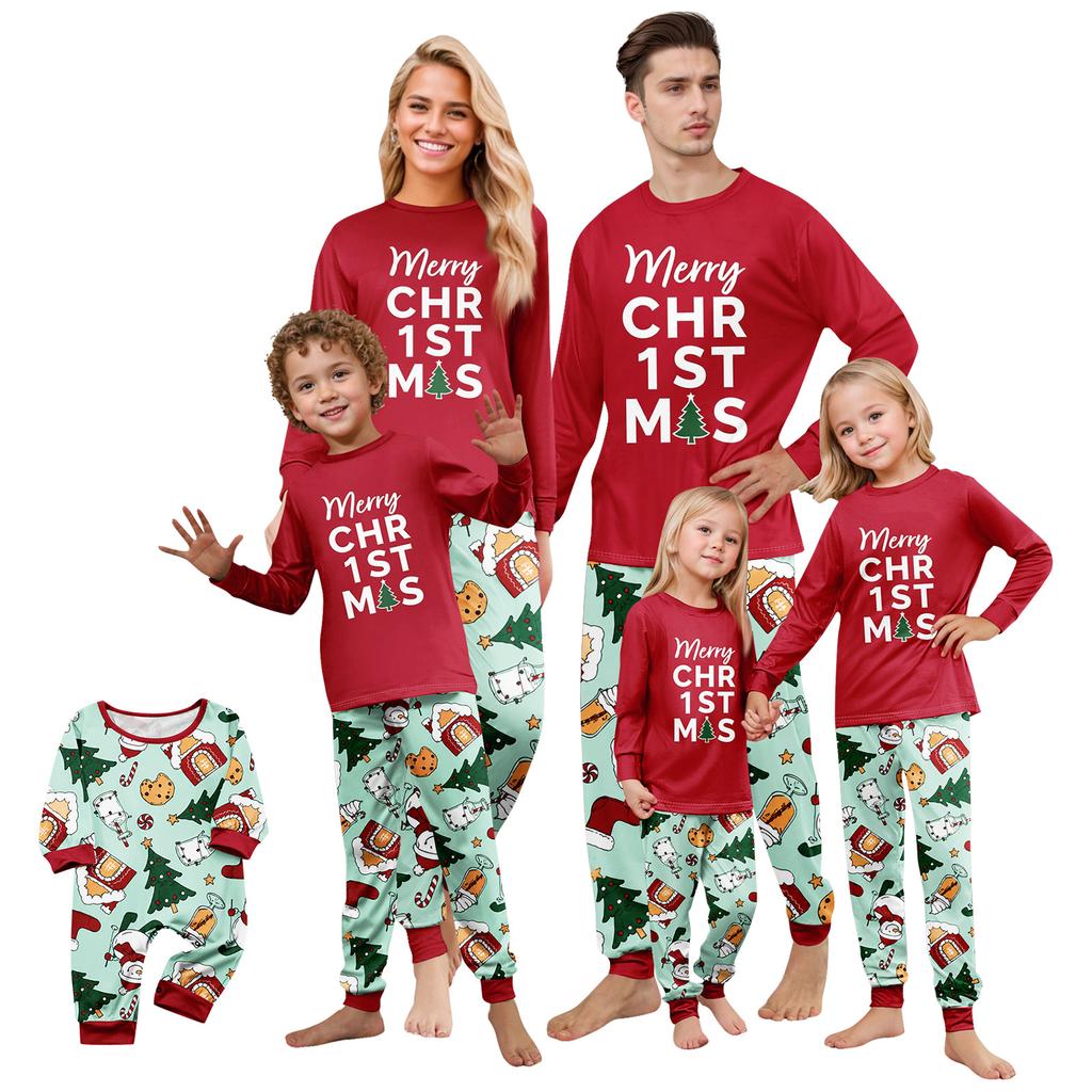 Family Matching Pajama Set with Fun Print, Long Sleeve Neck Sleepwear with Pants for Kids and Adults