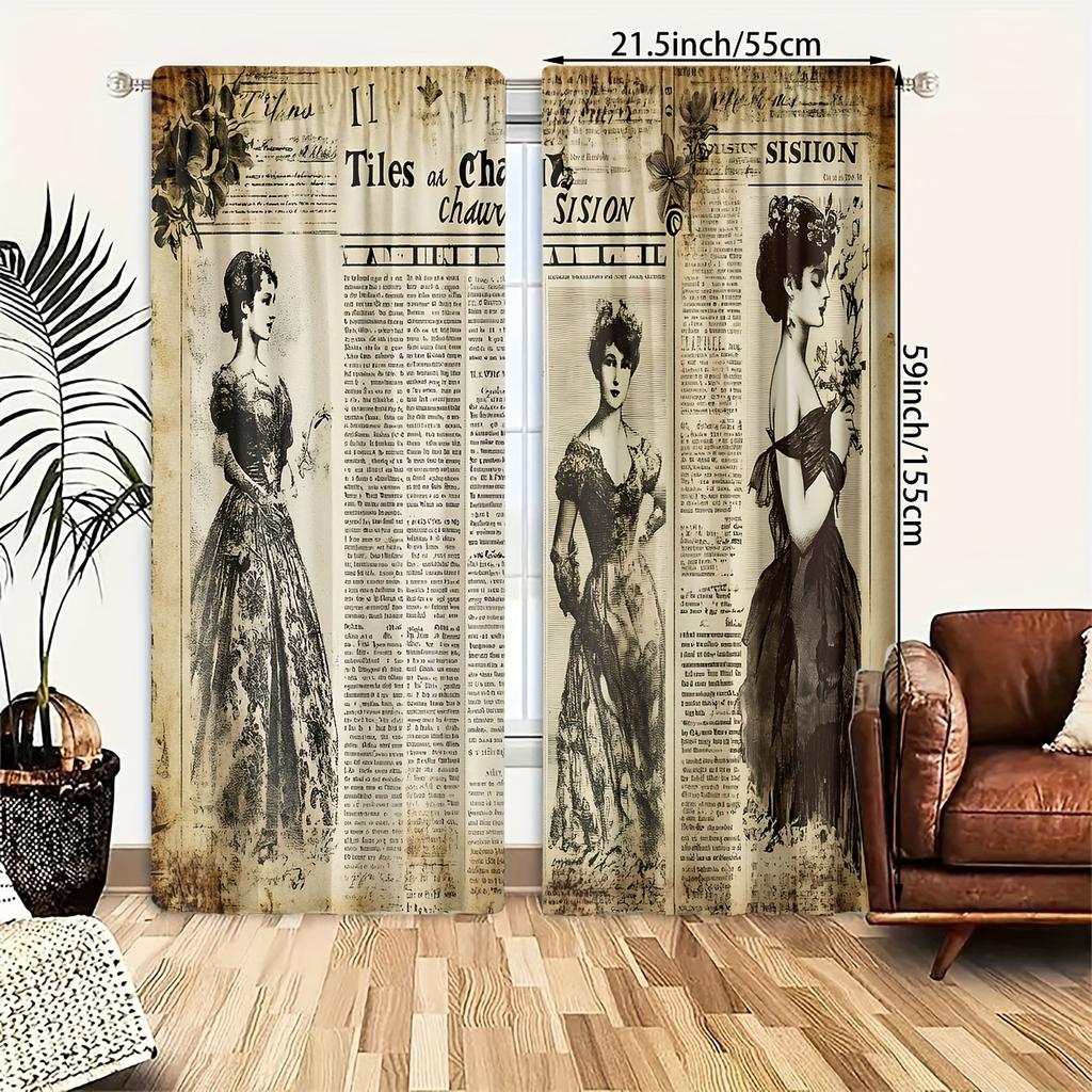 2 Pieces of Retro Newspaper Printed Curtains, Pole Bag Curtains 30*65, Bedroom and Living Room, Home Decoration, Room Decoration