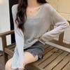 Belle Cie Openwork Knit Loose Long Sheer Women's Top, Fit, Sheer, Sleeves, (ST/No. 22009) (Gray)