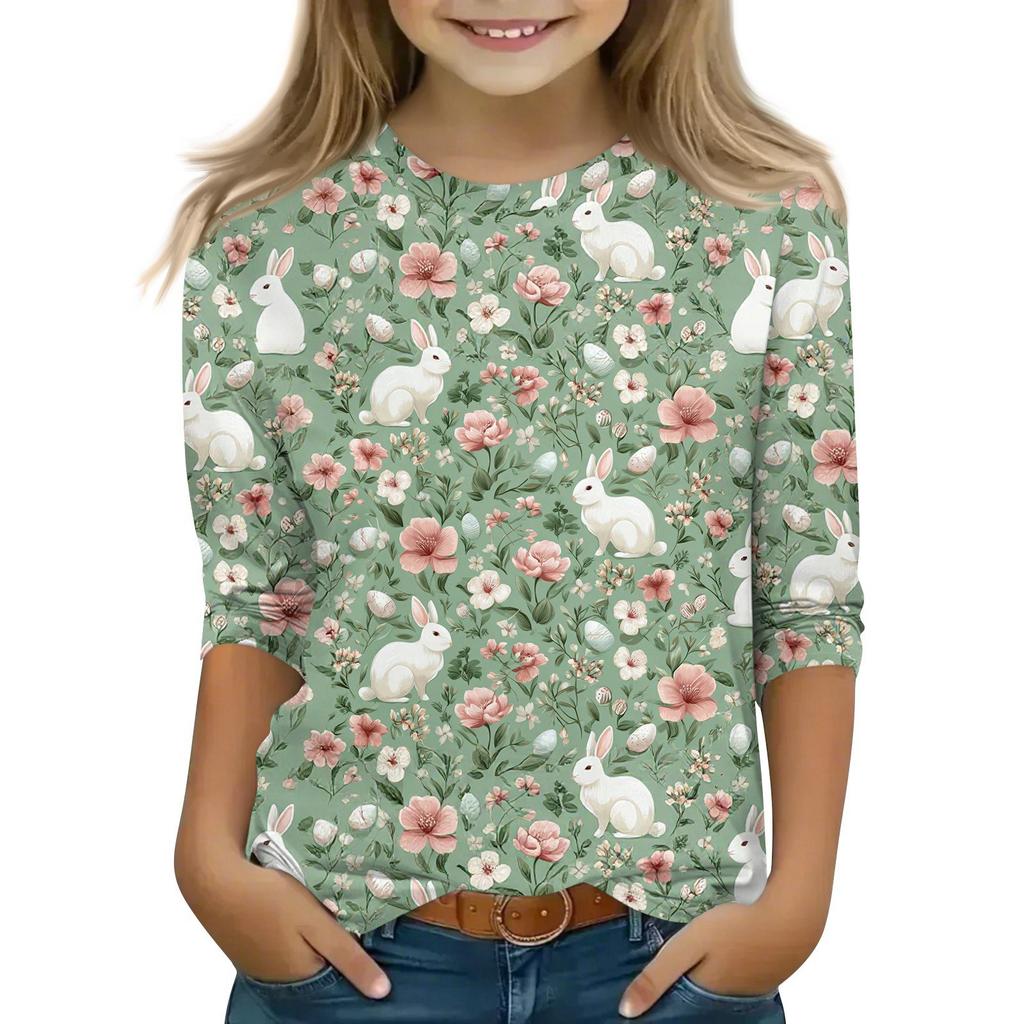 Children's 3/4 Sleeve Tops Casual Print T Shirt Round Neck Pullover Blouse