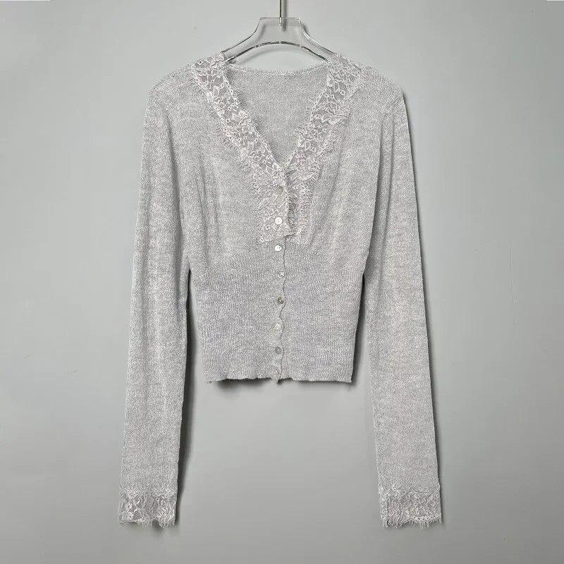 

Сплошной цвет, вязаные топы с длинными рукавами, женский шерстяной свитер, корейские сексуальные кружевные кардиганы с v-образным вырезом и пуговицами, осенняя облегающая одежда 29888 One Size восторг