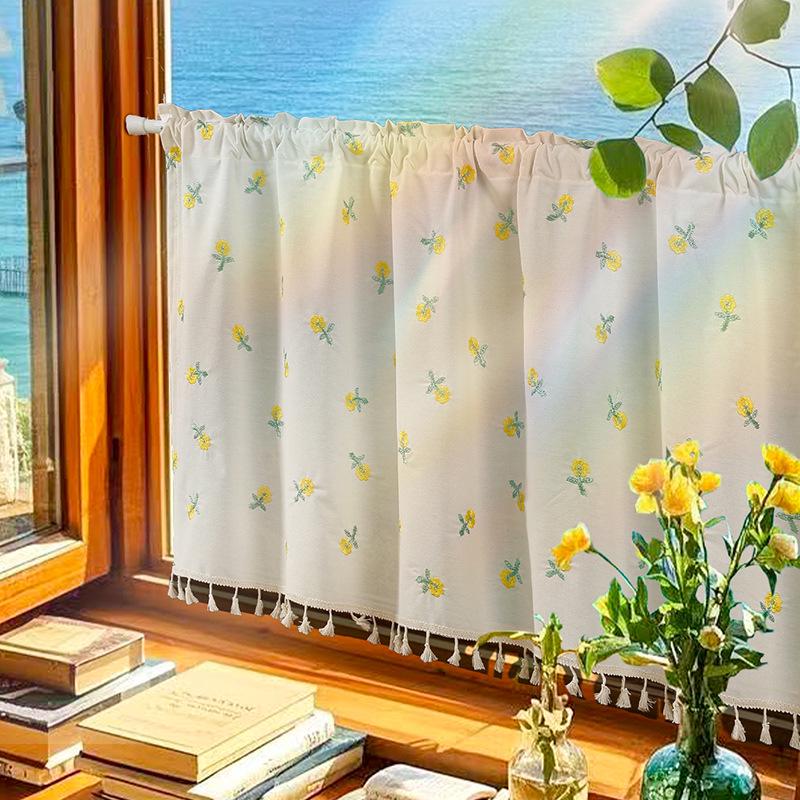 Double Layer High-End Embroidered Kitchen Cabinet Blackout Café Curtain